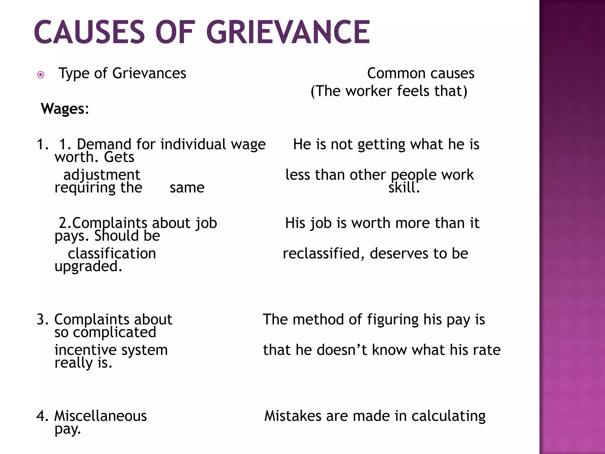  Type of Grievances Common causes
(The worker feels that)
Wages:
1. 1. Demand for individual wage He is not getting what he is
worth. Gets
adjustment less than other people work
requiring the same skill.
2.Complaints about job His job is worth more than it
pays. Should be
classification reclassified, deserves to be
upgraded.
3. Complaints about The method of figuring his pay is
so complicated
incentive system that he doesn’t know what his rate
really is.
4. Miscellaneous Mistakes are made in calculating
pay.
 