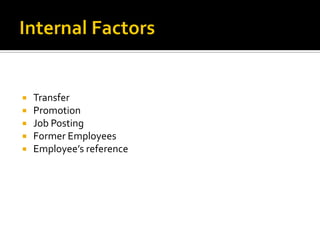  Transfer
 Promotion
 Job Posting
 Former Employees
 Employee’s reference
 