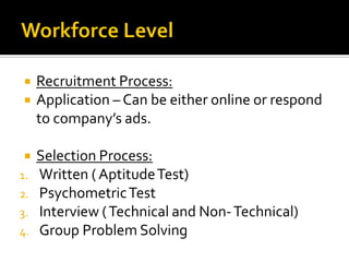  Recruitment Process:
 Application – Can be either online or respond
to company’s ads.
 Selection Process:
1. Written ( AptitudeTest)
2. PsychometricTest
3. Interview (Technical and Non-Technical)
4. Group Problem Solving
 