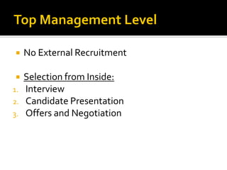  No External Recruitment
 Selection from Inside:
1. Interview
2. Candidate Presentation
3. Offers and Negotiation
 