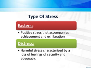 Easters:
• Positive stress that accompanies
achievement and exhilaration
Distress:
• Harmful stress characterized by a
loss of feelings of security and
adequacy.
Type Of Stress
 