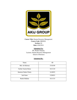 Course Title: Human Resource Management
Course Code: HRM301
Section: 04
Date: 4/04/2018
Submitted To:
Ms. Bushra Sanjana,
Lecturer, Human Resource Management
School of Business
Submitted By:
Name ID
Md. Ali Ridwan 1510188
Fariha Tasnim Raisa 1611134
Kamrun Nahar Chaity 1610035
Saif Siam 1520923
Ruhul Iftekhar 1611133
 