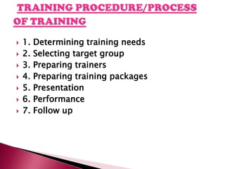  1. Determining training needs
 2. Selecting target group
 3. Preparing trainers
 4. Preparing training packages
 5. Presentation
 6. Performance
 7. Follow up
 