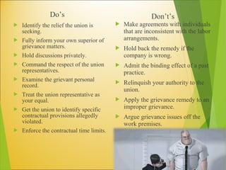 Do’s
 Identify the relief the union is
seeking.
 Fully inform your own superior of
grievance matters.
 Hold discussions privately.
 Command the respect of the union
representatives.
 Examine the grievant personal
record.
 Treat the union representative as
your equal.
 Get the union to identify specific
contractual provisions allegedly
violated.
 Enforce the contractual time limits.
Don’t’s
 Make agreements with individuals
that are inconsistent with the labor
arrangements.
 Hold back the remedy if the
company is wrong.
 Admit the binding effect of a past
practice.
 Relinquish your authority to the
union.
 Apply the grievance remedy to an
improper grievance.
 Argue grievance issues off the
work premises.
 