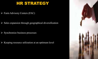 HR STRATEGY
 Farm Advisory Centers (FAC)
 Sales expansion through geographical diversification
 Synchronize business processes
 Keeping resource utilization at an optimum level
 