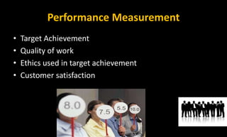 Performance Measurement
• Target Achievement
• Quality of work
• Ethics used in target achievement
• Customer satisfaction
 