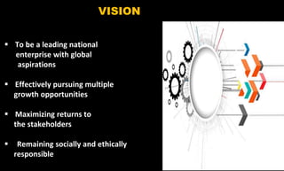 5
VISION
 To be a leading national
enterprise with global
aspirations
 Effectively pursuing multiple
growth opportunities
 Maximizing returns to
the stakeholders
 Remaining socially and ethically
responsible
 