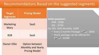Target
Segments
Pricing Model
Marketing
Mary
SaaS
B2B SaaS
Owner Ollie Option between
Monthly and Yearly
Pricing Model
Initial payment -
MM - $500
OO - $750
For OO- CMS Monthly- $250
• Every 3 months Package- $750 - $600
• Yearly package can be offered for
$3000 - $2500
Recommendations Based on the suggested segments
 
