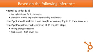 • Better to go for SaaS
• low upfront cost for its products.
• allows customers to pay cheaper monthly instalments
• HubSpot should address those people who rarely log-in to their accounts
• HubSpot’s customers discontinue at 18 months stage.
• Pricing change-discounts
• Find reason – high churn rate
Based on the following Inference
 