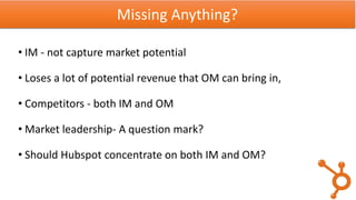 • IM - not capture market potential
• Loses a lot of potential revenue that OM can bring in,
• Competitors - both IM and OM
• Market leadership- A question mark?
• Should Hubspot concentrate on both IM and OM?
Missing Anything?
 