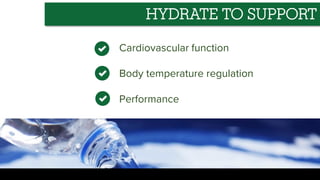 Cardiovascular function
Body temperature regulation
Performance
HYDRATE TO SUPPORT
 