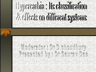 Hypercarbia : Its classification  & effects on different systems Moderator : Dr D choudhury Presented by : Dr Saurav Das 