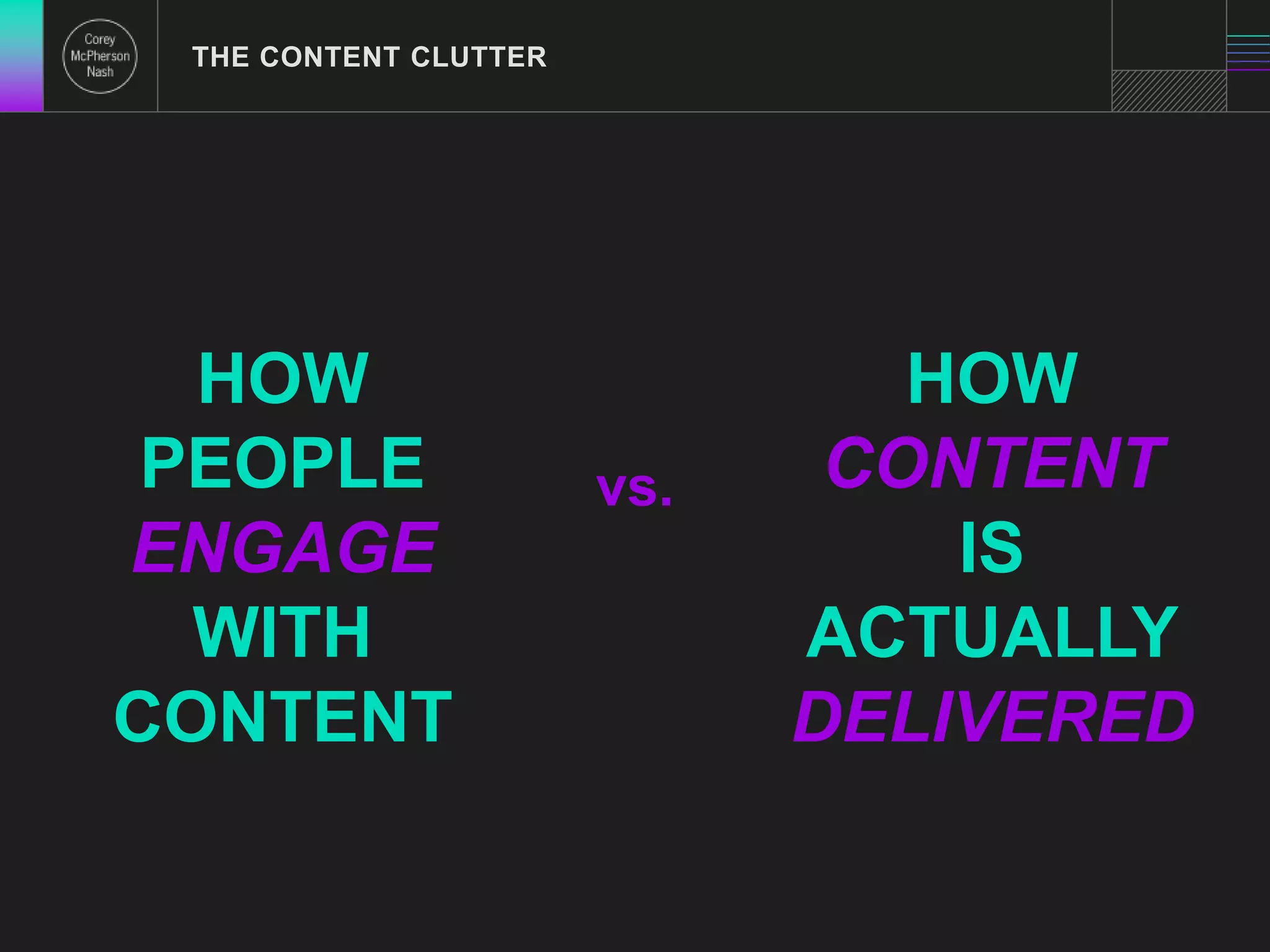 THE CONTENT CLUTTER 
HOW 
PEOPLE 
ENGAGE 
WITH 
CONTENT 
HOW 
CONTENT 
IS 
ACTUALLY 
DELIVERED 
vs. 
 