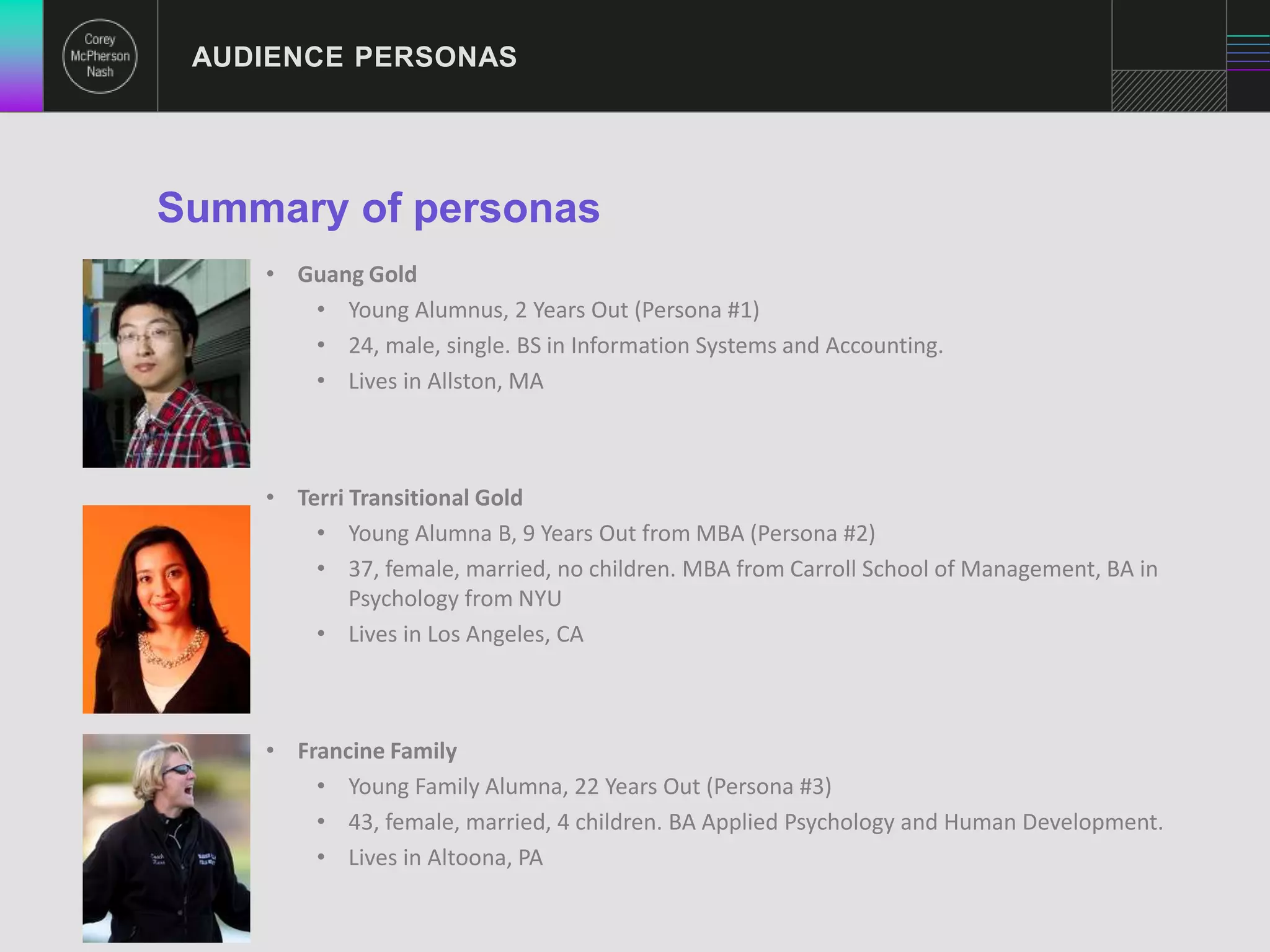 AUDIENCE PERSONAS 
Summary of personas 
• Guang Gold 
• Young Alumnus, 2 Years Out (Persona #1) 
• 24, male, single. BS in Information Systems and Accounting. 
• Lives in Allston, MA 
• Terri Transitional Gold 
• Young Alumna B, 9 Years Out from MBA (Persona #2) 
• 37, female, married, no children. MBA from Carroll School of Management, BA in 
Psychology from NYU 
• Lives in Los Angeles, CA 
• Francine Family 
• Young Family Alumna, 22 Years Out (Persona #3) 
• 43, female, married, 4 children. BA Applied Psychology and Human Development. 
• Lives in Altoona, PA 
 