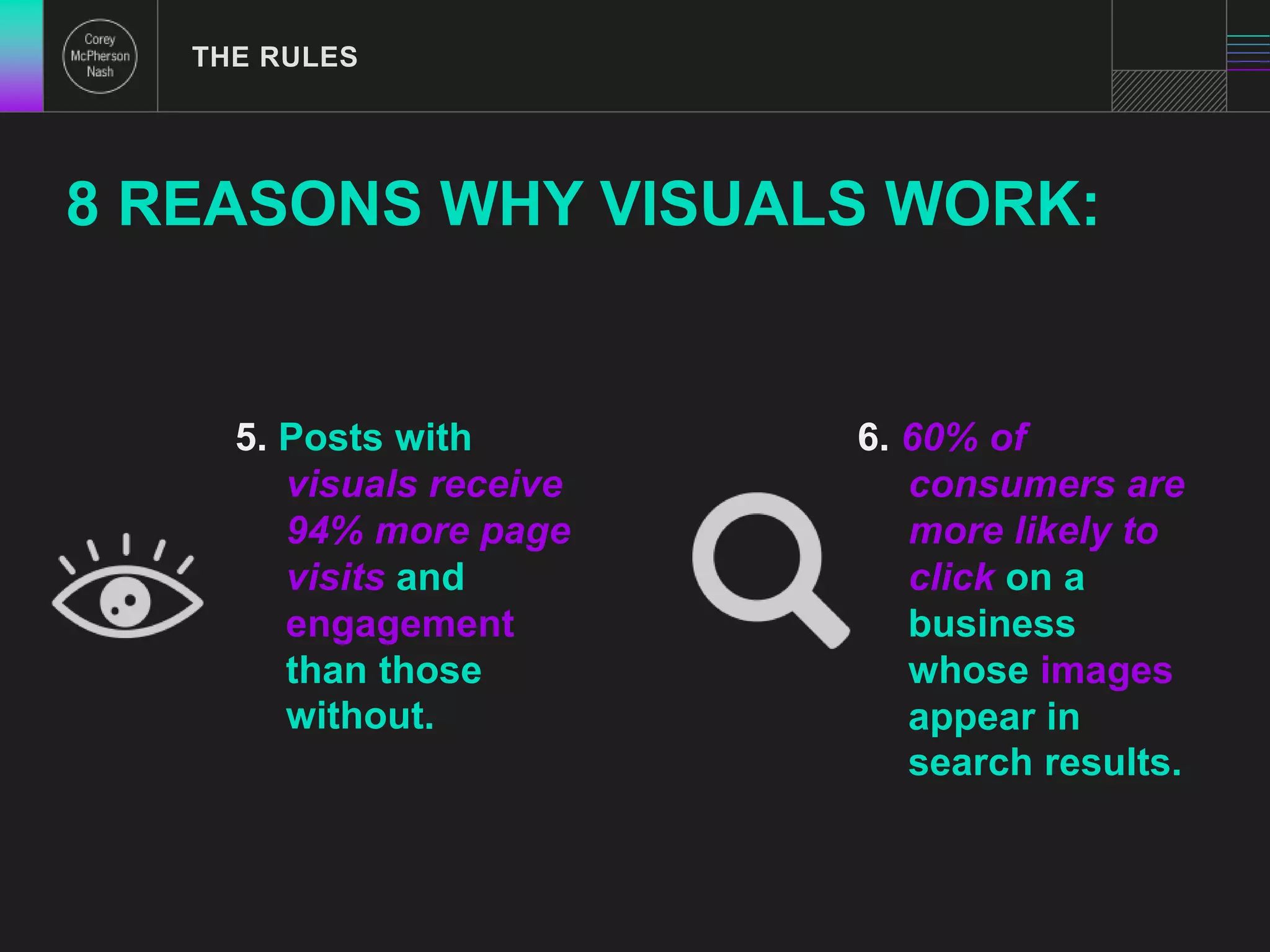 THE RULES 
8 REASONS WHY VISUALS WORK: 
5. Posts with 
visuals receive 
94% more page 
visits and 
engagement 
than those 
without. 
6. 60% of 
consumers are 
more likely to 
click on a 
business 
whose images 
appear in 
search results. 
 
