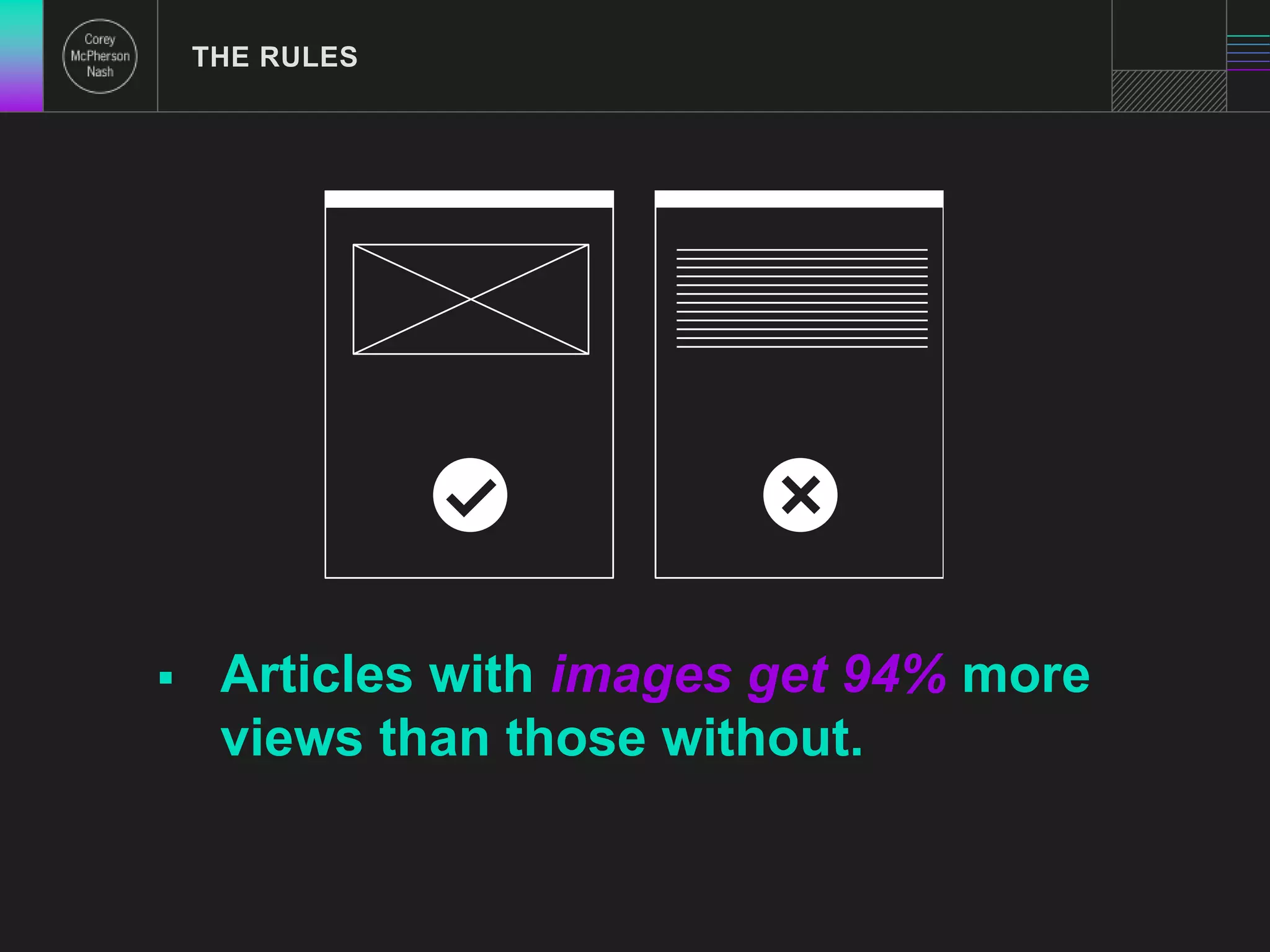 THE RULES 
 Articles with images get 94% more 
views than those without. 
 