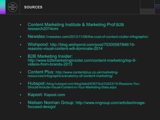  Content Marketing Institute & Marketing Prof:B2B 
research2014cmi 
 Newstex://newstex.com/2013/11/06/the-cost-of-content-clutter-infographic/ 
 Wishpond: http://blog.wishpond.com/post/70300587846/10- 
reasons-visual-content-will-dominate-2014 
 B2B Marketing Insider: 
http://www.b2bmarketinginsider.com/content-marketing/top-9- 
videos-from-brands-2013 
 Content Plus: http://www.contentplus.co.uk/marketing-resources/ 
infographics/anatomy-of-content-marketing/ 
 Hubspot://blog.hubspot.com/blog/tabid/6307/bid/33423/19-Reasons-You- 
Should-Include-Visual-Content-in-Your-Marketing-Data.aspx 
 Kapost: Kapost.com 
 Nielsen Norman Group: http://www.nngroup.com/articles/image-focused- 
design/ 
SOURCES 
 