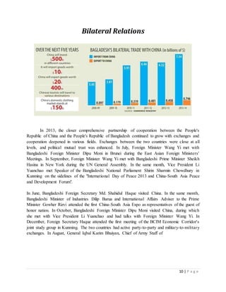 10 | P a g e
Bilateral Relations
In 2013, the closer comprehensive partnership of cooperation between the People's
Republic of China and the People's Republic of Bangladesh continued to grow with exchanges and
cooperation deepened in various fields. Exchanges between the two countries were close at all
levels, and political mutual trust was enhanced. In July, Foreign Minister Wang Yi met with
Bangladeshi Foreign Minister Dipu Moni in Brunei during the East Asian Foreign Ministers'
Meetings. In September, Foreign Minister Wang Yi met with Bangladeshi Prime Minister Sheikh
Hasina in New York during the UN General Assembly. In the same month, Vice President Li
Yuanchao met Speaker of the Bangladeshi National Parliament Shirin Sharmin Chowdhury in
Kunming on the sidelines of the "International Day of Peace 2013 and China-South Asia Peace
and Development Forum".
In June, Bangladeshi Foreign Secretary Md. Shahidul Haque visited China. In the same month,
Bangladeshi Minister of Industries Dilip Barua and International Affairs Adviser to the Prime
Minister Gowher Rizvi attended the first China-South Asia Expo as representatives of the guest of
honor nation. In October, Bangladeshi Foreign Minister Dipu Moni visited China, during which
she met with Vice President Li Yuanchao and had talks with Foreign Minister Wang Yi. In
December, Foreign Secretary Haque attended the first meeting of the BCIM Economic Corridor's
joint study group in Kunming. The two countries had active party-to-party and military-to-military
exchanges. In August, General Iqbal Karim Bhuiyan, Chief of Army Staff of
 