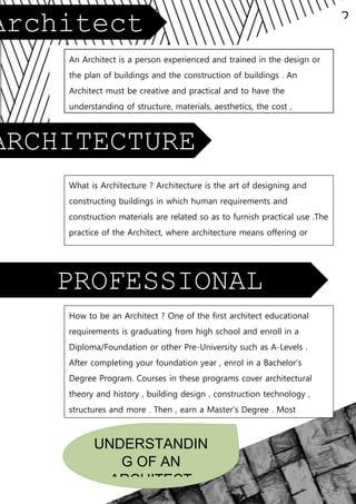 2
Architect
?
PROFESSIONAL
REQUIREMENTS ?
ARCHITECTURE
?
An Architect is a person experienced and trained in the design or
the plan of buildings and the construction of buildings . An
Architect must be creative and practical and to have the
understanding of structure, materials, aesthetics, the cost ,
regulations , construction industry and the needs of a client .An
Architect must be able to negotiate through elements to present
out a creative solution to a brief , and to bring the solution from
idea to reality.
UNDERSTANDIN
G OF AN
ARCHITECT
What is Architecture ? Architecture is the art of designing and
constructing buildings in which human requirements and
construction materials are related so as to furnish practical use .The
practice of the Architect, where architecture means offering or
rendering professional services in connection with design and
construction of buildings and environment .Architecture is
essentially abstract and nonrepresentational and involves the
manipulation of the relationships of spaces, volumes, planes,
masses, and voids.
How to be an Architect ? One of the first architect educational
requirements is graduating from high school and enroll in a
Diploma/Foundation or other Pre-University such as A-Levels .
After completing your foundation year , enrol in a Bachelor’s
Degree Program. Courses in these programs cover architectural
theory and history , building design , construction technology ,
structures and more . Then , earn a Master’s Degree . Most
students who earn an undergraduate degree in architecture go on
to receive an additional degree from a 2-year master’s program at
an accredited university . After earning a Master’s Degree , all
aspiring architects must complete at least 2 years of training before
entering the field professionally . Lastly , Architect must become
 