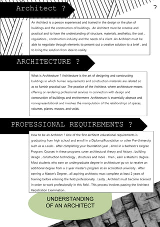 2Architect ?
PROFESSIONAL REQUIREMENTS ?
ARCHITECTURE ?
An Architect is a person experienced and trained in the design or the plan of
buildings and the construction of buildings . An Architect must be creative and
practical and to have the understanding of structure, materials, aesthetics, the cost ,
regulations , construction industry and the needs of a client .An Architect must be
able to negotiate through elements to present out a creative solution to a brief , and
to bring the solution from idea to reality.
UNDERSTANDING
OF AN ARCHITECT
What is Architecture ? Architecture is the art of designing and constructing
buildings in which human requirements and construction materials are related so
as to furnish practical use .The practice of the Architect, where architecture means
offering or rendering professional services in connection with design and
construction of buildings and environment .Architecture is essentially abstract and
nonrepresentational and involves the manipulation of the relationships of spaces,
volumes, planes, masses, and voids.
How to be an Architect ? One of the first architect educational requirements is
graduating from high school and enroll in a Diploma/Foundation or other Pre-University
such as A-Levels . After completing your foundation year , enrol in a Bachelor’s Degree
Program. Courses in these programs cover architectural theory and history , building
design , construction technology , structures and more . Then , earn a Master’s Degree .
Most students who earn an undergraduate degree in architecture go on to receive an
additional degree from a 2-year master’s program at an accredited university . After
earning a Master’s Degree , all aspiring architects must complete at least 2 years of
training before entering the field professionally . Lastly , Architect must become licensed
in order to work professionally in this field . This process involves passing the Architect
Registration Examination .
 