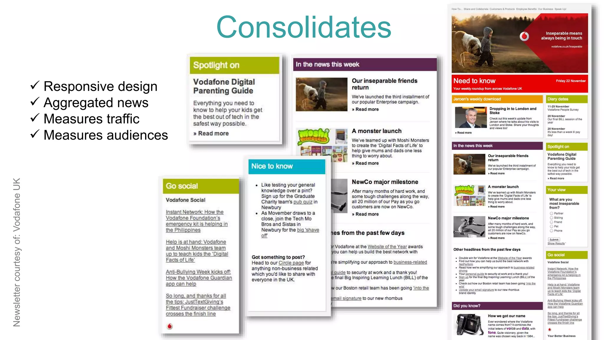 Newslettercourtesyof:VodafoneUK
Consolidates
 Responsive design
 Aggregated news
 Measures traffic
 Measures audiences
 