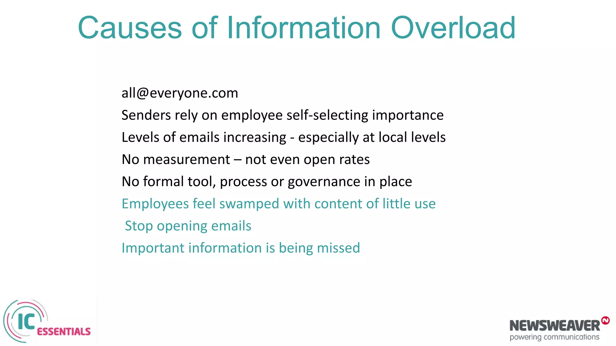 all@everyone.com
Senders rely on employee self-selecting importance
Levels of emails increasing - especially at local levels
No measurement – not even open rates
No formal tool, process or governance in place
Employees feel swamped with content of little use
Stop opening emails
Important information is being missed
Causes of Information Overload
 