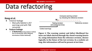 Computer Science
Data refactoring
Kang et al.
● Instance leakage
○ Manually labeled 1,357
warnings and with 768
remained
● Feature leakage
○ 5 features(warning context in method,
file, for warning type, defect likelihood,
discretization of defect likelihood)
14
 