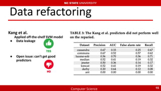 Computer Science
Data refactoring
Kang et al.
Applied off-the-shelf SVM model
● Data leakage
● Open issue: can’t get good
predictors
15
 