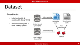 Computer Science
Dataset
- Label: actionable &
unactionable [Liang’ 2010]
- Version control system &
issue tracking system
8
Grand truth:
 