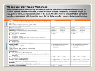We can use Daily Goals Worksheet:
Effective communication among all members of the interdisciplinary team is necessary to
achieve optimal patient outcomes. Communication failures can lead to increased length of
stay, patient harm, and dissatisfaction of the team. Use this form to ensure that all concerns
have been addressed with the entire team during daily rounds. EXAMPLE Daily Goals Worksheet
 