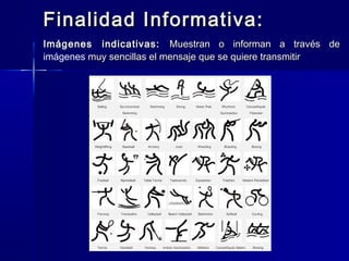 Finalidad Informativa:
Imágenes indicativas: Muestran o informan a través de
imágenes muy sencillas el mensaje que se quiere transmitir
 