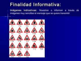 Finalidad Informativa:
Imágenes indicativas: Muestran o informan a través de
imágenes muy sencillas el mensaje que se quiere transmitir
 