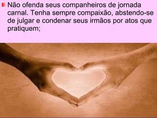 Não ofenda seus companheiros de jornada carnal. Tenha sempre compaixão, abstendo-se de julgar e condenar seus irmãos por atos que pratiquem; 