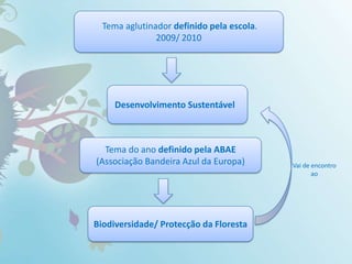 Tema aglutinador definido pela escola.2009/ 2010  Desenvolvimento SustentávelTema do ano definido pela ABAE (Associação Bandeira Azul da Europa)Vai de encontroaoBiodiversidade/ Protecção da Floresta