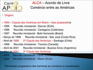 ALCA – Acordo de Livre
                         Comércio entre as Américas
   Origem:

- 1994 – Cúpula das Américas em Miami – fase preparatória
- 1995     Reunião ministerial - Denver (EUA)
- 1996     Reunião ministerial - Cartagena (Colômbia)
- 1997 Reunião ministerial - Belo Horizonte (Brasil)
- Março de 1998     Reunião ministerial - São José (Costa Rica)
- Abril de 1998   2ª Cúpula das Américas – Santiago (Chile)
- 1999     Reunião ministerial - Toronto (Canadá)
- Abril de 2001   Reunião ministerial - Buenos Aires (Argentina)
- Abril de 2001   3ª Cúpula das Américas
- 2002 Reunião ministerial – Quito (Equador)
- 2003 Reunião ministerial – Miami (EUA)

   Eliminação progressiva das barreiras ao comércio e investimento
 