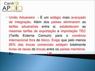    União Aduaneira - É um estágio mais avançado
    de integração. Além dos países eliminarem as
    tarifas aduaneiras entre si, estabelecem as
    mesmas tarifas de exportação e importação TEC
    (Tarifa Externa Comum) para o comércio
    internacional fora do bloco. Exige que pelo menos
    85% das trocas comerciais estejam totalmente
    livres de taxas de trocas entre os países membros.
    Ex:                       UE
 
