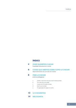 4
índice
ÍNDICE
4 ONDE QUEREMOS CHEGAR
6 COISAS QUE SABEMOS SOBRE COMO LÁ CHEGAR
8 PARA LÁ CHEGAR
práticas pedagógicas
a. Desde o nascimento até cerca dos 9 meses de idade
c. A partir dos 18 meses de idade
d. Aos 2 anos de idade
12 LÁ CHEGAREMOS
14 BIBLIOGRAFIA
 