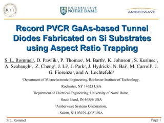Record PVCR GaAs-based Tunnel Diodes Fabricated on Si Substrates using Aspect Ratio Trapping S. L. Rommel 1 , D. Pawlik 1 , P. Thomas 1 , M. Barth 1 , K. Johnson 1 , S. Kurinec 1 , A. Seabaugh 2 ,  Z. Cheng 3 , J. Li 3 , J. Park 3 , J. Hydrick 3 , N. Bai 3 , M. Carroll 3 , J. G. Fiorenza 3 , and A. Lochtefeld 3 1 Department of Microelectronic Engineering, Rochester Institute of Technology,  Rochester, NY 14623 USA 2 Department of Electrical Engineering, University of Notre Dame,  South Bend, IN 46556 USA 3 Amberwave Systems Corporation,  Salem, NH 03079-4235 USA 