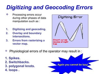 Digitizing and Geocoding Errors
      Processing errors occur
       during other phases of data
       manipulation such as :

1.     Digitizing and geocoding.
2.     Overlay and boundary
       intersections.
3.     Errors from rasterizing a
       vector map.

    Physiological errors of the operator may result in :

1. Spikes.
2. Switchbacks.
                                       Again you cannot be lazy!
3. polygonal knots.
4. loops .
 