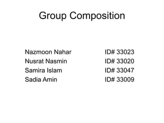 Nazmoon Nahar
Nusrat Nasmin
Samira Islam
Sadia Amin
ID# 33023
ID# 33020
ID# 33047
ID# 33009
Group Composition
 