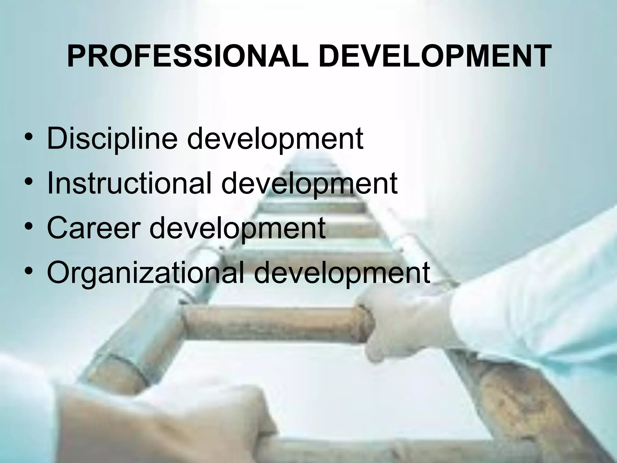 PROFESSIONAL DEVELOPMENT

•   Discipline development
•   Instructional development
•   Career development
•   Organizational development
 