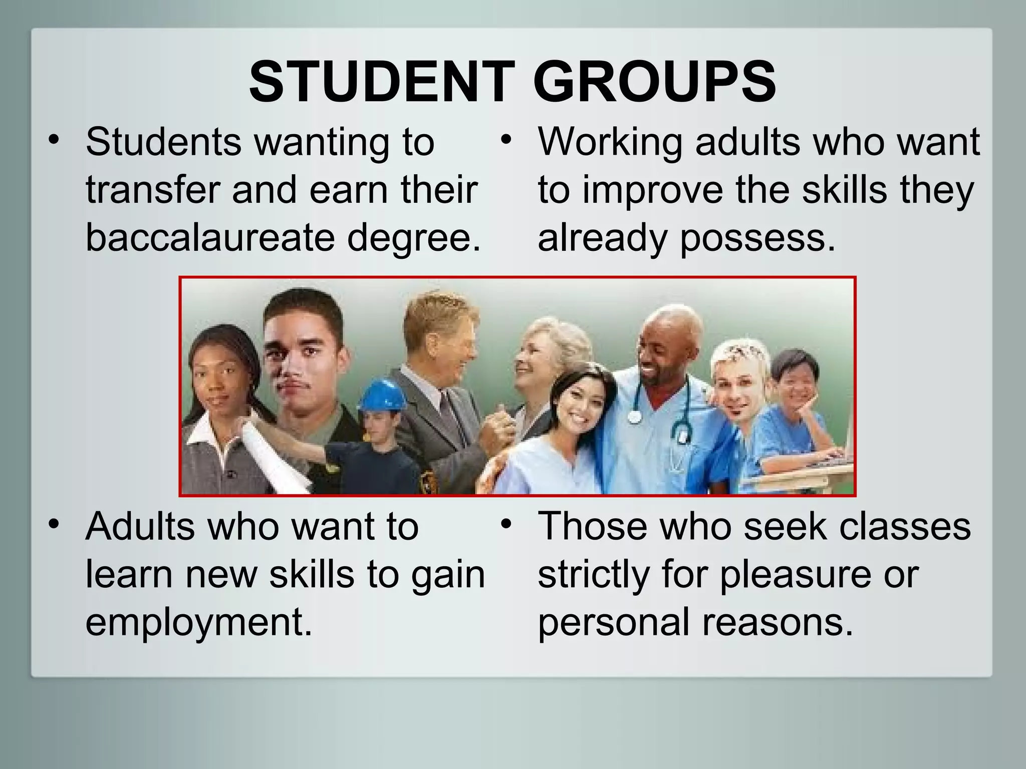 STUDENT GROUPS
• Students wanting to    • Working adults who want
  transfer and earn their to improve the skills they
  baccalaureate degree. already possess.




• Adults who want to      • Those who seek classes
  learn new skills to gain strictly for pleasure or
  employment.               personal reasons.
 