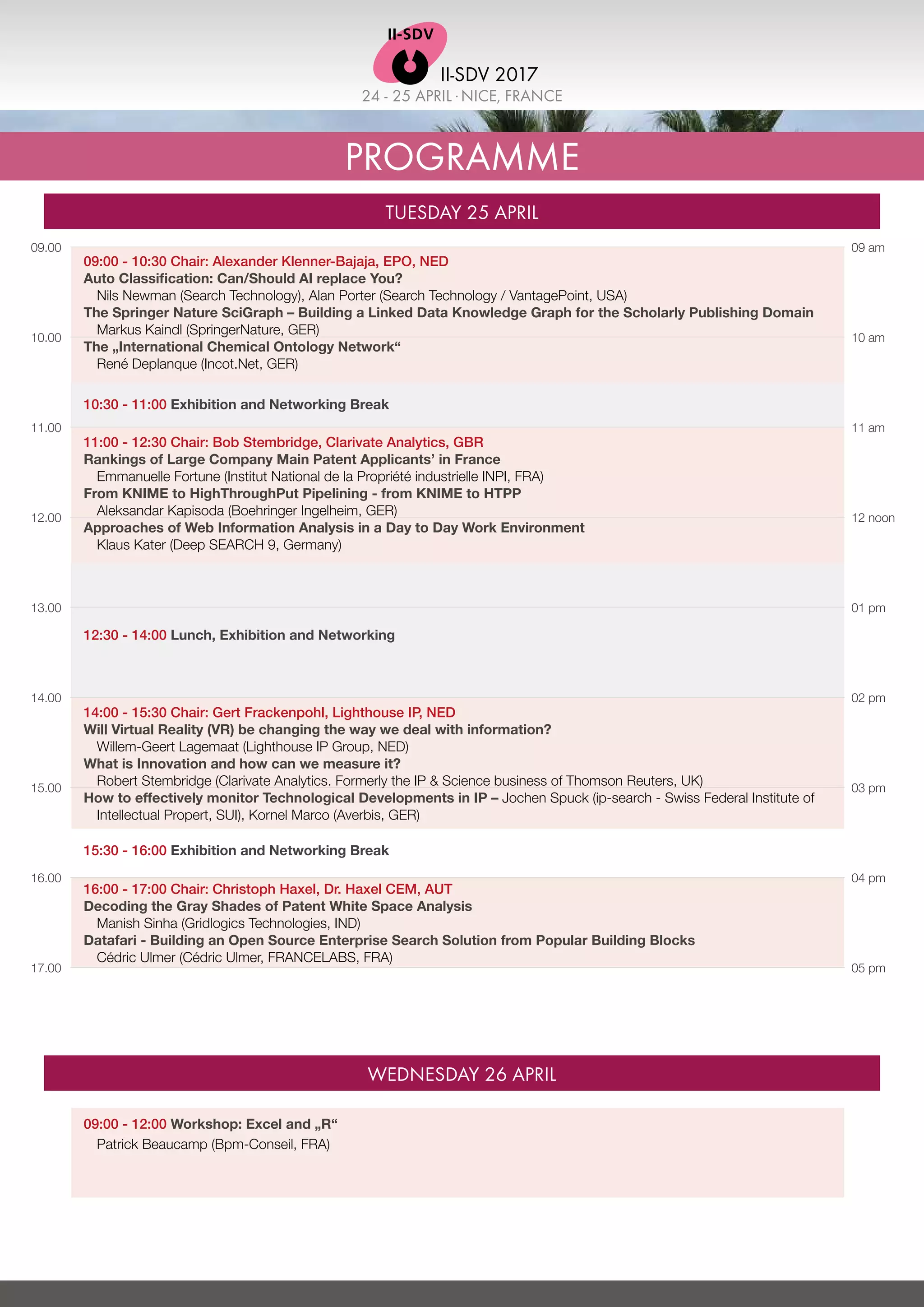 24 - 25 APRIL .NICE, FRANCE
II-SDV 2017
PROGRAMME
TUESDAY 25 APRIL
WEDNESDAY 26 APRIL
09.00
10.00
11.00
12.00
13.00
14.00
15.00
16.00
17.00
09 am
10 am
11 am
12 noon
01 pm
02 pm
03 pm
04 pm
05 pm
09:00 - 10:30 Chair: Alexander Klenner-Bajaja, EPO, NED
Auto Classification: Can/Should AI replace You?
Nils Newman (Search Technology), Alan Porter (Search Technology / VantagePoint, USA)
The Springer Nature SciGraph – Building a Linked Data Knowledge Graph for the Scholarly Publishing Domain
Markus Kaindl (SpringerNature, GER)
The „International Chemical Ontology Network“
René Deplanque (Incot.Net, GER)
09:00 - 12:00 Workshop: Excel and „R“
Patrick Beaucamp (Bpm-Conseil, FRA)
10:30 - 11:00 Exhibition and Networking Break
11:00 - 12:30 Chair: Bob Stembridge, Clarivate Analytics, GBR
Rankings of Large Company Main Patent Applicants’ in France
Emmanuelle Fortune (Institut National de la Propriété industrielle INPI, FRA)
From KNIME to HighThroughPut Pipelining - from KNIME to HTPP
Aleksandar Kapisoda (Boehringer Ingelheim, GER)
Approaches of Web Information Analysis in a Day to Day Work Environment
Klaus Kater (Deep SEARCH 9, Germany)
12:30 - 14:00 Lunch, Exhibition and Networking
14:00 - 15:30 Chair: Gert Frackenpohl, Lighthouse IP, NED
Will Virtual Reality (VR) be changing the way we deal with information?
Willem-Geert Lagemaat (Lighthouse IP Group, NED)
What is Innovation and how can we measure it?
Robert Stembridge (Clarivate Analytics. Formerly the IP & Science business of Thomson Reuters, UK)
How to effectively monitor Technological Developments in IP – Jochen Spuck (ip-search - Swiss Federal Institute of
Intellectual Propert, SUI), Kornel Marco (Averbis, GER)
15:30 - 16:00 Exhibition and Networking Break
16:00 - 17:00 Chair: Christoph Haxel, Dr. Haxel CEM, AUT
Decoding the Gray Shades of Patent White Space Analysis
Manish Sinha (Gridlogics Technologies, IND)
Datafari - Building an Open Source Enterprise Search Solution from Popular Building Blocks
Cédric Ulmer (Cédric Ulmer, FRANCELABS, FRA)
 