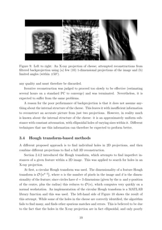 Figure 9: Left to right: An X-ray projection of cheese; attempted reconstructions from
ﬁltered backprojection using (a) few (10) 1-dimensional projections of the image and (b)
limited angles (within ±50°).
any quality and must therefore be discarded.
Iterative reconstruction was judged to proceed too slowly to be eﬀective (estimating
several hours on a standard PC to converge) and was terminated. Nevertheless, it is
expected to suﬀer from the same problems.
A reason for the poor performance of backprojection is that it does not assume any-
thing about the internal structure of the cheese. This leaves it with insuﬃcient information
to reconstruct an accurate picture from just two projections. However, in reality much
is known about the internal structure of the cheese: it is an approximately uniform sub-
stance with constant attenuation, with ellipsoidal holes of varying sizes within it. Diﬀerent
techniques that use this information can therefore be expected to perform better.
3.4 Hough transform-based methods
A diﬀerent proposed approach is to ﬁnd individual holes in 2D projections, and then
combine diﬀerent projections to ﬁnd a full 3D reconstruction.
Section 2.4.2 introduced the Hough transform, which attempts to ﬁnd imperfect in-
stances of a given feature within a 2D image. This was applied to search for holes in an
X-ray projection.
At ﬁrst, a circular Hough transform was used. The dimensionality of a feature Hough
transform is O nd−2
, where n is the number of pixels in the image and d is the dimen-
sionality of the feature; since circles have d = 3 dimensions (given by the x- and y-position
of the centre, plus the radius) this reduces to O (n), which computes very quickly on a
normal workstation. An implementation of the circular Hough transform is a MATLAB
library function and this was used. The left-hand side of Figure 10 shows the result of
this attempt. While some of the holes in the cheese are correctly identiﬁed, the algorithm
fails to ﬁnd many, and ﬁnds other spurious matches and errors. This is believed to be due
to the fact that the holes in the X-ray projection are in fact ellipsoidal, and only poorly
19
 