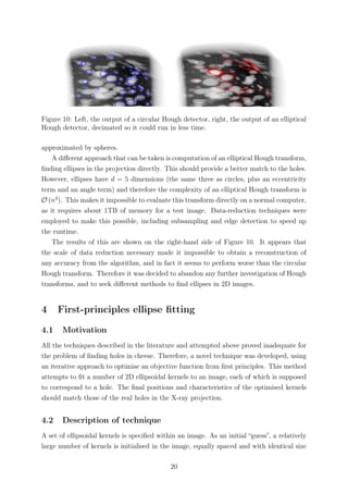 Figure 10: Left, the output of a circular Hough detector, right, the output of an elliptical
Hough detector, decimated so it could run in less time.
approximated by spheres.
A diﬀerent approach that can be taken is computation of an elliptical Hough transform,
ﬁnding ellipses in the projection directly. This should provide a better match to the holes.
However, ellipses have d = 5 dimensions (the same three as circles, plus an eccentricity
term and an angle term) and therefore the complexity of an elliptical Hough transform is
O (n3
). This makes it impossible to evaluate this transform directly on a normal computer,
as it requires about 1TB of memory for a test image. Data-reduction techniques were
employed to make this possible, including subsampling and edge detection to speed up
the runtime.
The results of this are shown on the right-hand side of Figure 10. It appears that
the scale of data reduction necessary made it impossible to obtain a reconstruction of
any accuracy from the algorithm, and in fact it seems to perform worse than the circular
Hough transform. Therefore it was decided to abandon any further investigation of Hough
transforms, and to seek diﬀerent methods to ﬁnd ellipses in 2D images.
4 First-principles ellipse ﬁtting
4.1 Motivation
All the techniques described in the literature and attempted above proved inadequate for
the problem of ﬁnding holes in cheese. Therefore, a novel technique was developed, using
an iterative approach to optimise an objective function from ﬁrst principles. This method
attempts to ﬁt a number of 2D ellipsoidal kernels to an image, each of which is supposed
to correspond to a hole. The ﬁnal positions and characteristics of the optimised kernels
should match those of the real holes in the X-ray projection.
4.2 Description of technique
A set of ellipsoidal kernels is speciﬁed within an image. As an initial “guess”, a relatively
large number of kernels is initialised in the image, equally spaced and with identical size
20
 