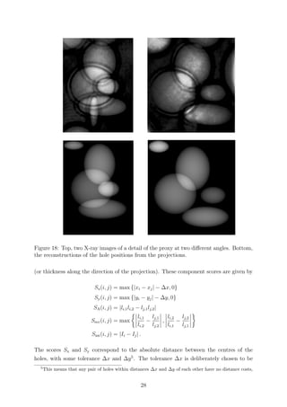 Figure 18: Top, two X-ray images of a detail of the proxy at two diﬀerent angles. Bottom,
the reconstructions of the hole positions from the projections.
(or thickness along the direction of the projection). These component scores are given by
Sx(i, j) = max {|xi − xj| − ∆x, 0}
Sy(i, j) = max {|yi − yj| − ∆y, 0}
SA(i, j) = |li,1li,2 − lj,1lj,2|
Secc(i, j) = max
li,1
li,2
−
lj,1
lj,2
,
li,2
li,1
−
lj,2
lj,1
Sint(i, j) = |Ii − Ij| .
The scores Sx and Sy correspond to the absolute distance between the centres of the
holes, with some tolerance ∆x and ∆y5
. The tolerance ∆x is deliberately chosen to be
5
This means that any pair of holes within distances ∆x and ∆y of each other have no distance costs,
28
 