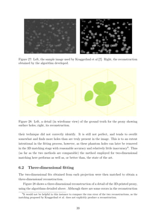 Figure 27: Left, the sample image used by Kraggerhud et al [7]. Right, the reconstruction
obtained by the algorithm developed.
Figure 28: Left, a detail (in wireframe view) of the ground truth for the proxy showing
surface holes; right, its reconstruction.
their technique did not correctly identify. It is still not perfect, and tends to overﬁt
somewhat and ﬁnds more holes than are truly present in the image. This is to an extent
intentional in the ﬁtting process, however, as these phantom holes can later be removed
in the 3D matching stage with reasonable accuracy and relatively little inaccuracy9
. Thus
(as far as the two methods are comparable) the method employed for two-dimensional
matching here performs as well as, or better than, the state of the art.
6.2 Three-dimensional ﬁtting
The two-dimensional ﬁts obtained from each projection were then matched to obtain a
three-dimensional reconstruction.
Figure 28 shows a three-dimensional reconstruction of a detail of the 3D-printed proxy,
using the algorithms detailed above. Although there are some errors in the reconstruction
9
It would not be helpful in this instance to compare the rms error of the two reconstructions, as the
matching proposed by Kraggerhud et al. does not explicitly produce a reconstruction.
39
 