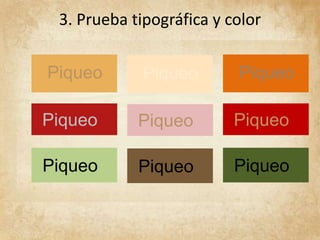 3. Prueba tipográfica y color
Piqueo
Piqueo
Piqueo
Piqueo
Piqueo
Piqueo
Piqueo
Piqueo
Piqueo
 