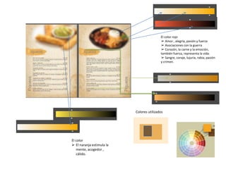 El color
 El naranja estimula la
mente, acogedor ,
cálido.
El color rojo
➢ Amor , alegría, pasión y fuerza
➢ Asociaciones con la guerra
➢ Corazón, la carne y la emoción,
también fuerza, representa la vida.
➢ Sangre, coraje, lujuria, rabia, pasión
y crimen.
Colores utilizados
 