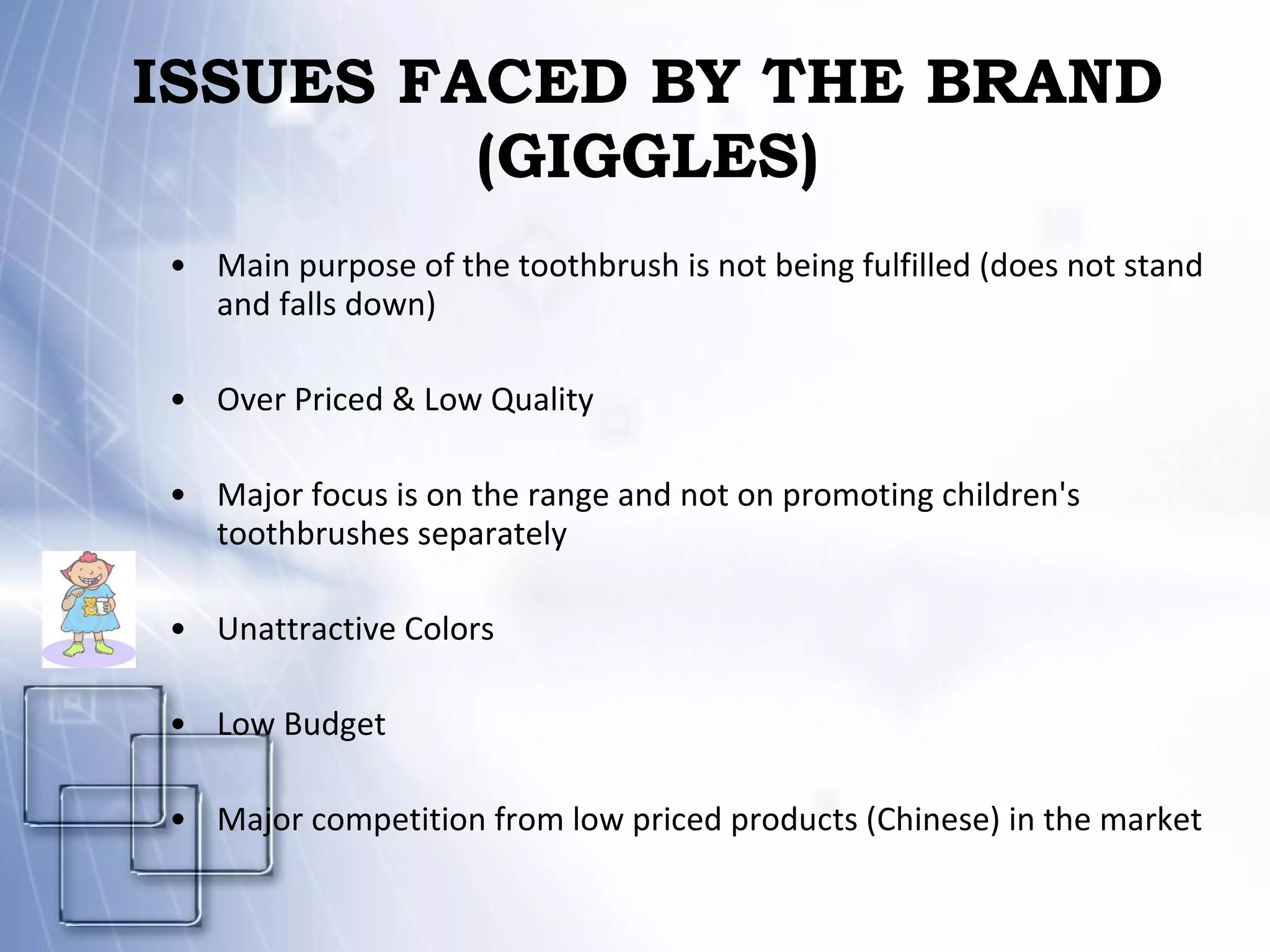 ISSUES FACED BY THE BRAND (GIGGLES) Main purpose of the toothbrush is not being fulfilled (does not stand and falls down) Over Priced & Low Quality Major focus is on the range and not on promoting children's toothbrushes separately Unattractive Colors Low Budget Major competition from low priced products (Chinese) in the market 